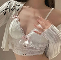Aiertu Sexy pure desire underwear sets outerwear thin white lace lingerie and panties suit cute no steel ring girl bra set Aiertu