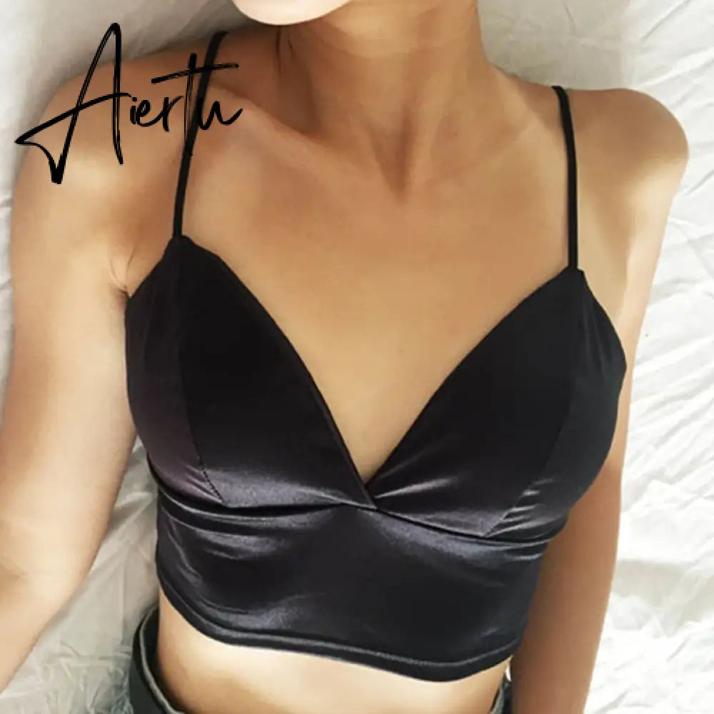 Aiertu Sexy Satin Crop Tops Women Wireless Bralette Crochet Top Female Spaghetti Strap T-shirt Cropped With Chest Padded Camisole Camis Aiertu