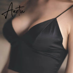 Aiertu Sexy Satin Crop Tops Women Wireless Bralette Crochet Top Female Spaghetti Strap T-shirt Cropped With Chest Padded Camisole Camis Aiertu