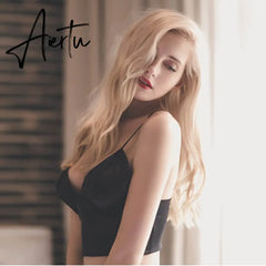 Aiertu Sexy Satin Crop Tops Women Wireless Bralette Crochet Top Female Spaghetti Strap T-shirt Cropped With Chest Padded Camisole Camis Aiertu