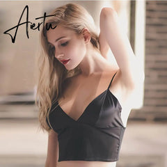 Aiertu Sexy Satin Crop Tops Women Wireless Bralette Crochet Top Female Spaghetti Strap T-shirt Cropped With Chest Padded Camisole Camis Aiertu