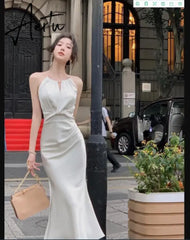 Aiertu Sexy Sleeveless Satin Mermaid Long Dresses for Women New Summer French Elegant Fashion Slim Solid Tank Evening Party Robe Aiertu