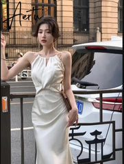 Aiertu Sexy Sleeveless Satin Mermaid Long Dresses for Women New Summer French Elegant Fashion Slim Solid Tank Evening Party Robe Aiertu