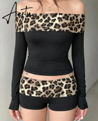 Aiertu Sexy Slim Patchwork Leopard Shorts Set Women 2 Piece Sets Slash Neck Long Sleeve Tees Low-Waisted Shorts Streetwear Lady Aiertu