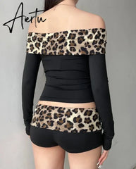 Aiertu Sexy Slim Patchwork Leopard Shorts Set Women 2 Piece Sets Slash Neck Long Sleeve Tees Low-Waisted Shorts Streetwear Lady Aiertu