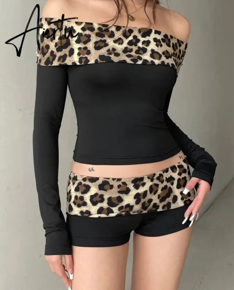 Aiertu Sexy Slim Patchwork Leopard Shorts Set Women 2 Piece Sets Slash Neck Long Sleeve Tees Low-Waisted Shorts Streetwear Lady Aiertu