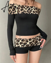 Aiertu Sexy Slim Patchwork Leopard Shorts Set Women 2 Piece Sets Slash Neck Long Sleeve Tees Low-Waisted Shorts Streetwear Lady Aiertu