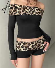 Aiertu Sexy Slim Patchwork Leopard Shorts Set Women 2 Piece Sets Slash Neck Long Sleeve Tees Low-Waisted Shorts Streetwear Lady Aiertu