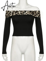 Aiertu Sexy Slim Patchwork Leopard Shorts Set Women 2 Piece Sets Slash Neck Long Sleeve Tees Low-Waisted Shorts Streetwear Lady Aiertu