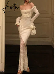 Aiertu Sexy Solid Lace Long Dresses For Women Off Shoulder Bodycon Mermaid Autumn Spring Birthday Evening Party Prom Robe Vestidos New Aiertu
