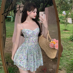 Aiertu Sexy Strap Floral Dress Women Designer Korean Elegant Sweet Mini Dress Sleeveless Chiffon Slim Fairy Party Dress Summer New Aiertu