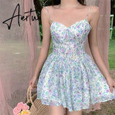 Aiertu Sexy Strap Floral Dress Women Designer Korean Elegant Sweet Mini Dress Sleeveless Chiffon Slim Fairy Party Dress Summer New Aiertu