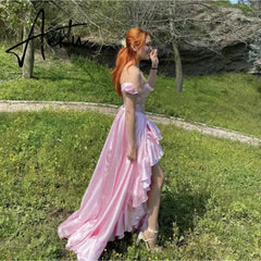 Aiertu Sexy Sweeetheart Pink Prom Party Dresses Detachable Short Sleeves Ruffles Silk Split Evening gowns Formal Sexy Dresses For Woman Aiertu