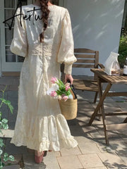 Aiertu Sexy V-neck Chic Lace-up Ruffles Female Floral Dresses Autumn New Fashion Button Lace Elegant Slim Waist Women's Dresses Aiertu