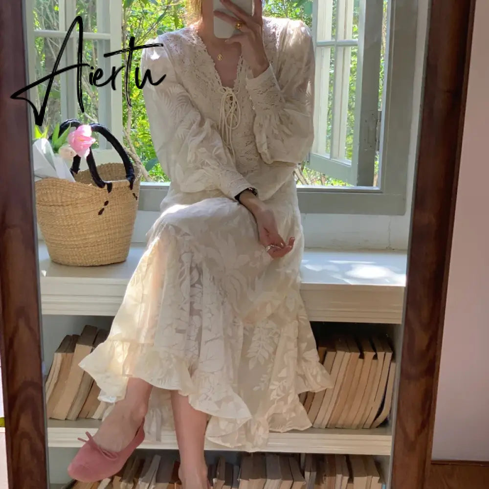 Aiertu Sexy V-neck Chic Lace-up Ruffles Female Floral Dresses Autumn New Fashion Button Lace Elegant Slim Waist Women's Dresses Aiertu
