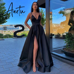 Aiertu Sexy V Neck Satin Evening Dresses Spaghetti Strap Side Slit Prom Dress High Waist Evening Gowns Party Dress Robe De Soiree Aiertu