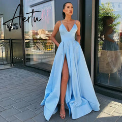 Aiertu Sexy V Neck Satin Evening Dresses Spaghetti Strap Side Slit Prom Dress High Waist Evening Gowns Party Dress Robe De Soiree Aiertu