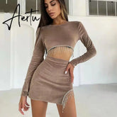 Aiertu Sexy Velvet Open Back Mini Skirt Set Women Solid Long Sleeve Top Rhinestone Tassel Split Skirt Elegant Party Club Wear Aiertu