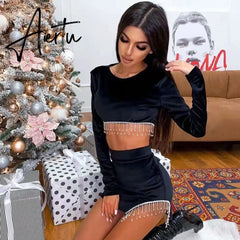 Aiertu Sexy Velvet Open Back Mini Skirt Set Women Solid Long Sleeve Top Rhinestone Tassel Split Skirt Elegant Party Club Wear Aiertu