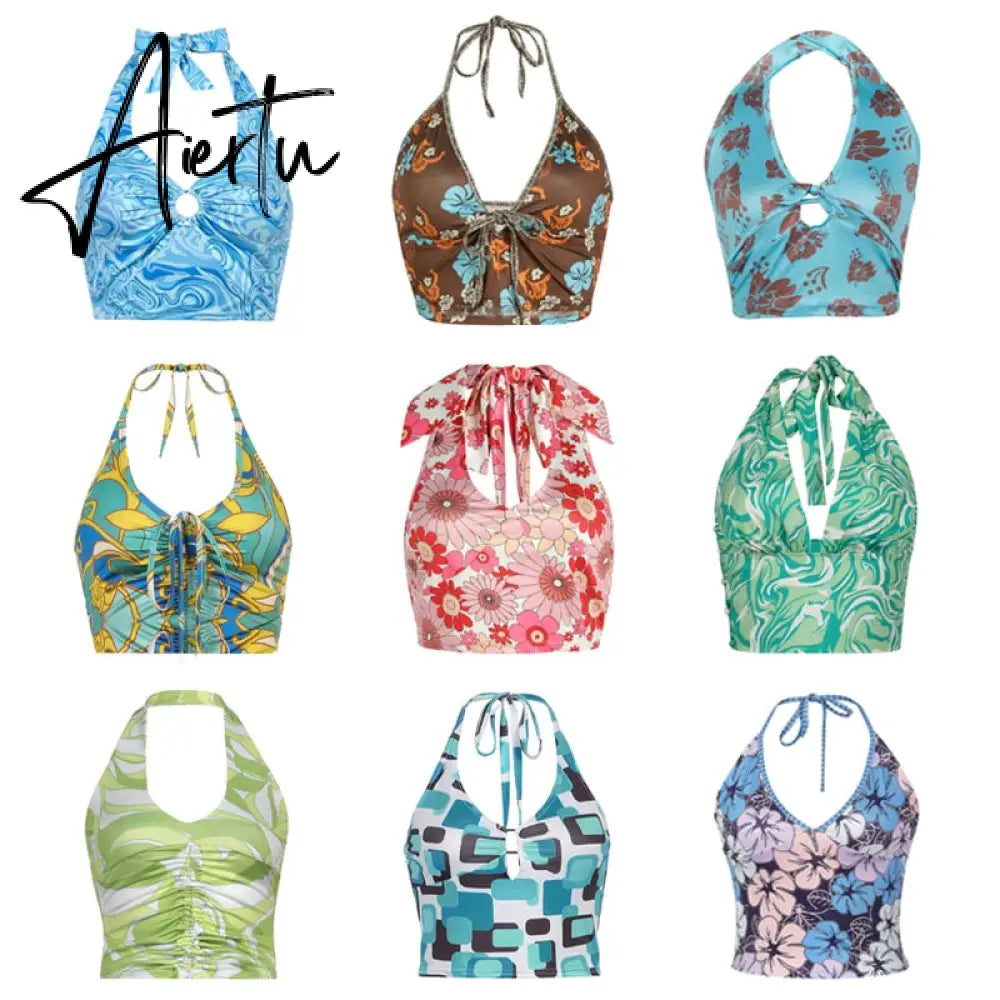 Aiertu Sexy Women Floral Print Vest Tops Summer Ladies Backless Sleeveless Halter Tank Multiple Styles Casual Camisole Aiertu