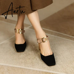 Aiertu Sheep Suede Leather Shoes Women Summer/Spring Women Sandals Square Toe High Heels Cover Heel Shoes for Women Retro Mary Janes Aiertu