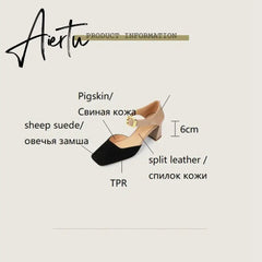 Aiertu Sheep Suede Leather Shoes Women Summer/Spring Women Sandals Square Toe High Heels Cover Heel Shoes for Women Retro Mary Janes Aiertu