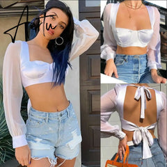 AIERTU Shirts Women Blouse Female Fashion Long Puff Sleeve Solid Top Femme Casual Transparent Blusas Top Plus Size Womens Tunic Aiertu