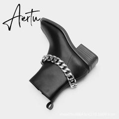 Aiertu Shoes For Women Autumn Winter Fashion Show All-match White/Black Metal Chain Decoration Martin Chelsea Boots Thick-soled Ca Aiertu