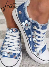 Aiertu Shoes Women Low Top Canvas Shoes Retro Single Shoes Ladies Denim Fabric Lace Up Casual Shoes Female Sneakers Size 43 Aiertu