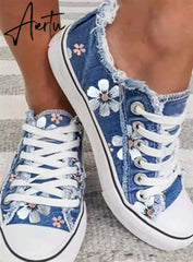 Aiertu Shoes Women Low Top Canvas Shoes Retro Single Shoes Ladies Denim Fabric Lace Up Casual Shoes Female Sneakers Size 43 Aiertu