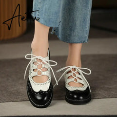 Aiertu Shoes Women Split leather Shoes for Women Spring/Autumn Women Loafers Summer Brogues Vintage Lace-up Shoes Women Pumps Aiertu