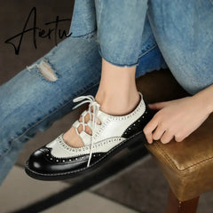Aiertu Shoes Women Split leather Shoes for Women Spring/Autumn Women Loafers Summer Brogues Vintage Lace-up Shoes Women Pumps Aiertu