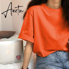 Aiertu Short Sleeve T-shirts Women Summer Embroidery Loose Korean Style Simple All-match Trendy Causal Chic Girls Ins BF Tees Daily New Aiertu