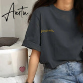Aiertu Short Sleeve T-shirts Women Summer Embroidery Loose Korean Style Simple All-match Trendy Causal Chic Girls Ins BF Tees Daily New Aiertu
