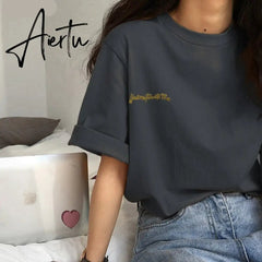 Aiertu Short Sleeve T-shirts Women Summer Embroidery Loose Korean Style Simple All-match Trendy Causal Chic Girls Ins BF Tees Daily New Aiertu
