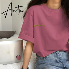 Aiertu Short Sleeve T-shirts Women Summer Embroidery Loose Korean Style Simple All-match Trendy Causal Chic Girls Ins BF Tees Daily New Aiertu
