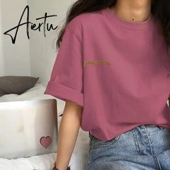 Aiertu Short Sleeve T-shirts Women Summer Embroidery Loose Korean Style Simple All-match Trendy Causal Chic Girls Ins BF Tees Daily New Aiertu