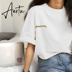 Aiertu Short Sleeve T-shirts Women Summer Embroidery Loose Korean Style Simple All-match Trendy Causal Chic Girls Ins BF Tees Daily New Aiertu