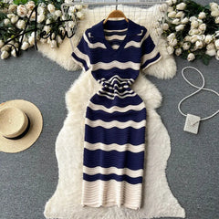 Aiertu Short Sleeves Striped Long Dress Lapel Neck Hollow Out Slim Sundress Fashion Hot sweet Knitted Beach Midi Dress Aiertu