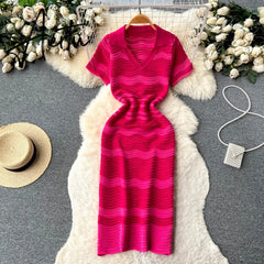 Aiertu Short Sleeves Striped Long Dress Lapel Neck Hollow Out Slim Sundress Fashion Hot sweet Knitted Beach Midi Dress Aiertu