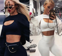 Aiertu Short Sweatshirts Women Autumn Long Sleeve Black White Sweatshirt Fashion Crop Top Jacket Jumper Pullover Tops Clubwear Tank Top Aiertu