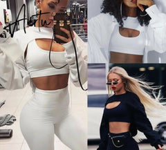 Aiertu Short Sweatshirts Women Autumn Long Sleeve Black White Sweatshirt Fashion Crop Top Jacket Jumper Pullover Tops Clubwear Tank Top Aiertu