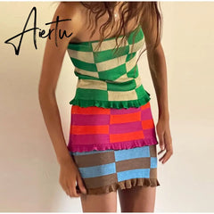 Aiertu Showmirror One Shoulder Knitted Cropped T Shirt Women Striped Casual Off Shoulder Sleeveless T-shirt Ladies Streetwear Teachwear Aiertu