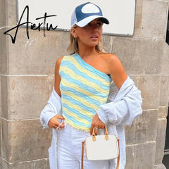 Aiertu Showmirror One Shoulder Knitted Cropped T Shirt Women Striped Casual Off Shoulder Sleeveless T-shirt Ladies Streetwear Teachwear Aiertu
