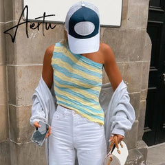 Aiertu Showmirror One Shoulder Knitted Cropped T Shirt Women Striped Casual Off Shoulder Sleeveless T-shirt Ladies Streetwear Teachwear Aiertu