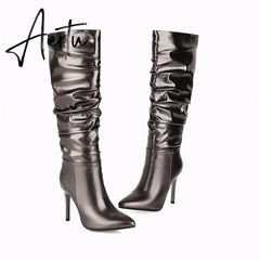 Aiertu Silver gold knee high boots women pleated pointed toe thin high heels dres party shoes autumn winter long boots woman Aiertu