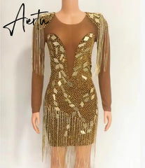 Aiertu Silver Mirrors Crystals Chains Mesh Dress See Through Birthday Party Celebrate Fringes Costume Nightclub outfit Aiertu