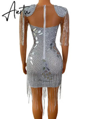 Aiertu Silver Mirrors Crystals Chains Mesh Dress See Through Birthday Party Celebrate Fringes Costume Nightclub outfit Aiertu