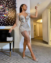 Aiertu Silver Mirrors Crystals Chains Mesh Dress See Through Birthday Party Celebrate Fringes Costume Nightclub outfit Aiertu