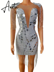 Aiertu Silver Mirrors Crystals Chains Mesh Dress See Through Birthday Party Celebrate Fringes Costume Nightclub outfit Aiertu